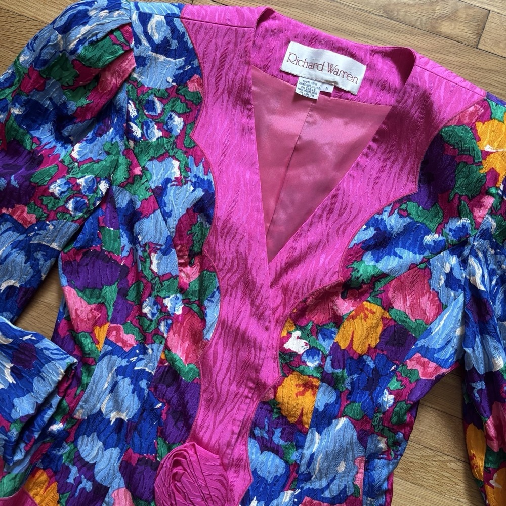 Vtg Richard Warren Womens 8 Floral 100% Silk Blazer Retro Vibrant Artsy Colorful